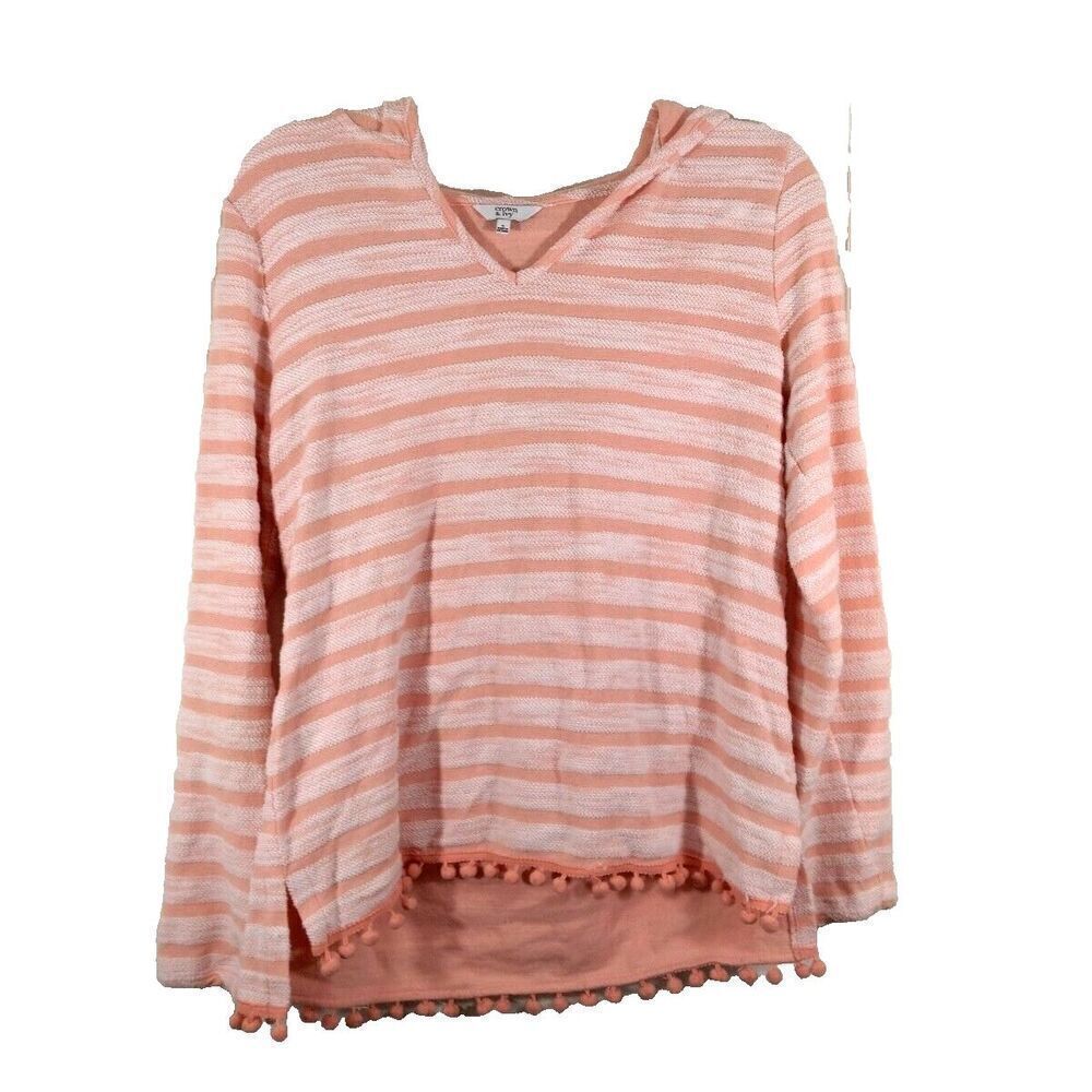 Crown & Ivy Womans Small Hooded Pullover Top Pink Long Sleeve V-neck Long Sleeve